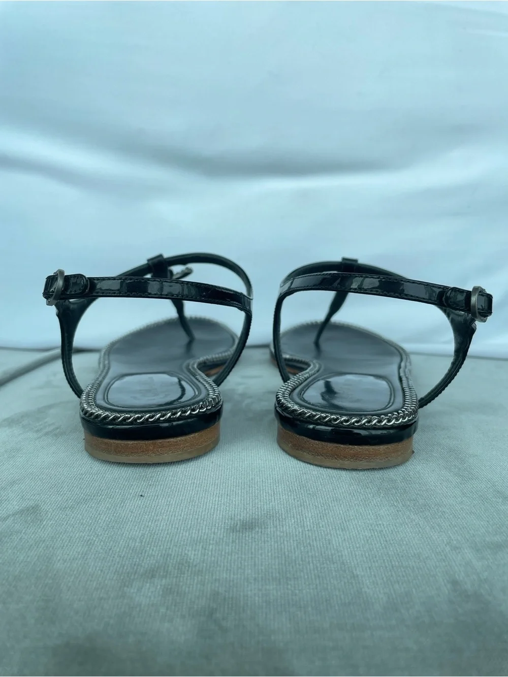 Chanel Black Chain-Trim Thong Sandals Embellished CC Logo & Silver Chains Detail